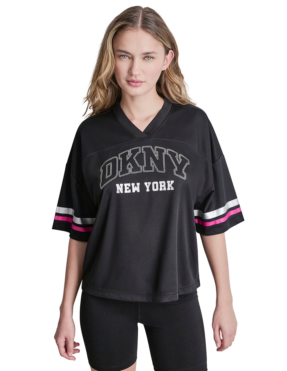 Playera manga al codo cuello V para mujer