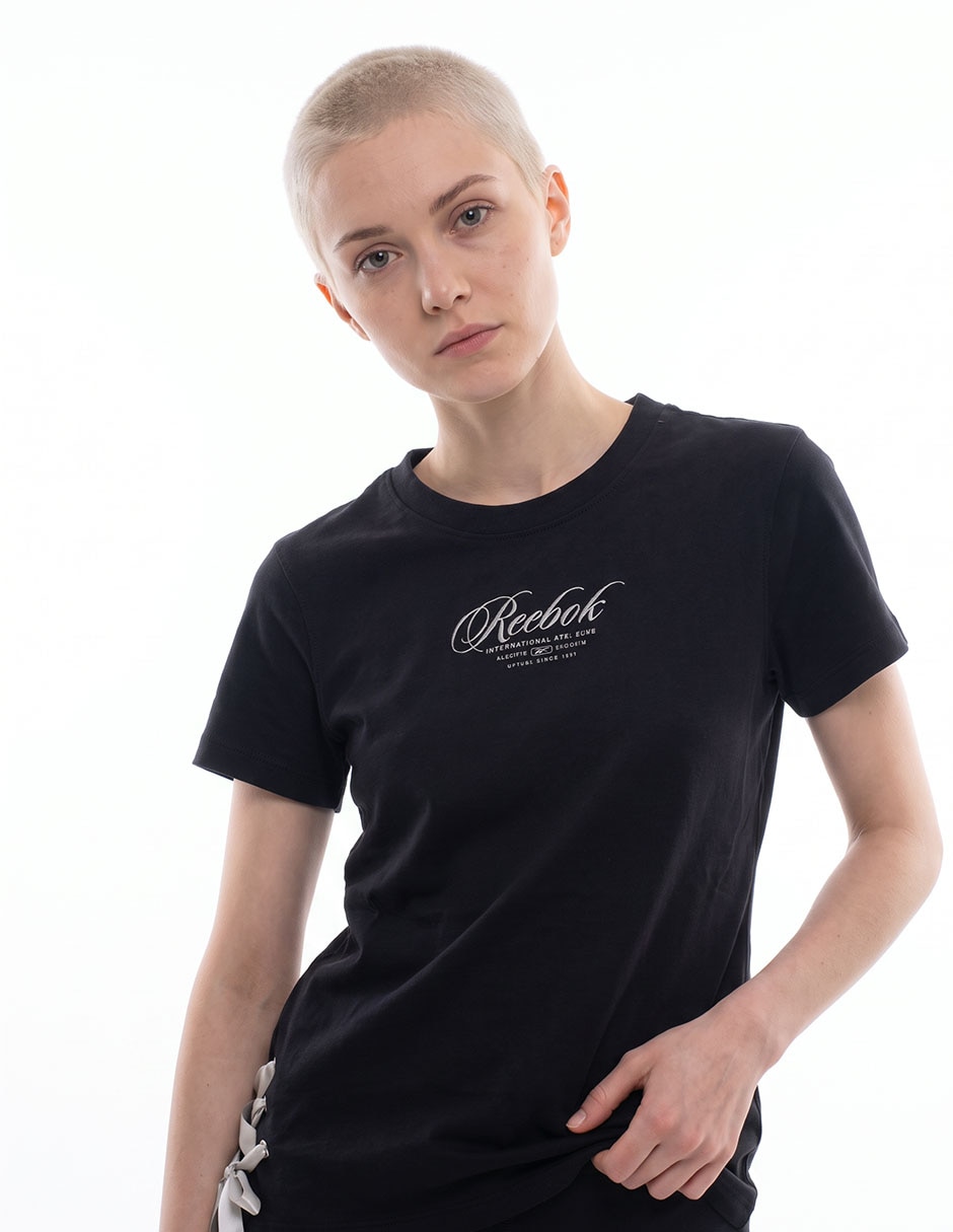 Playera manga corta Glitz Ribbon cuello redondo para mujer
