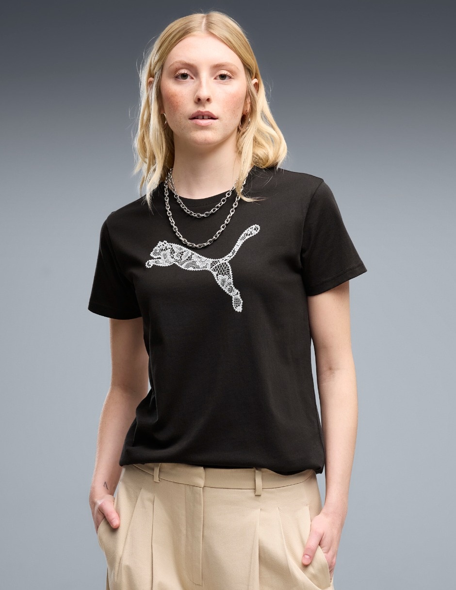 Playera manga corta Graphics Lace Cat Te cuello redondo mujer Playera manga corta Graphics Lace Cat Te cuello redondo mujer